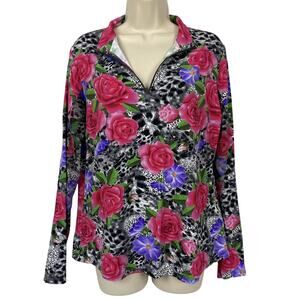 IBKUL Top Womens Large Dark Floral Animal Print UPF 50 Golf Quarter Zip Pullover